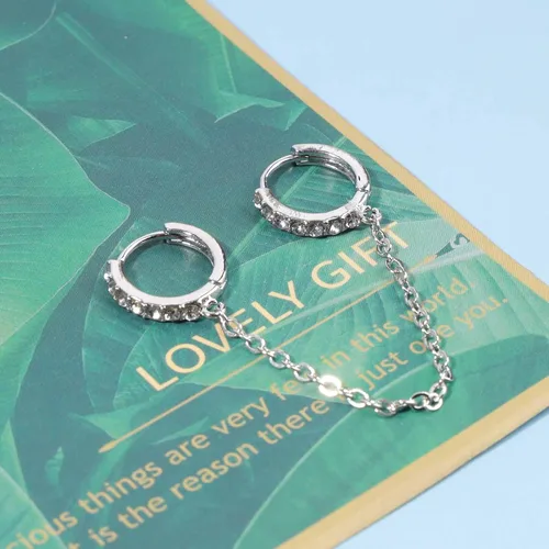 Vista 6 de Aretes de aro de doble cadena bohemia, aretes de cadena de aro de circonita dorada, aretes de cadena punk con diamantes de imitación, aretes