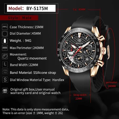 Vista 5 de BENYAR Fashion Men's Quartz Chronograph Waterproof Silicone Watches Business Casual Sport Design Wrist Watch for Men Perfect for Father Son Black