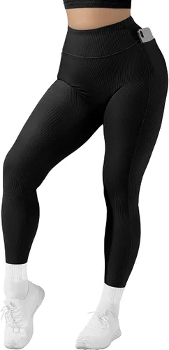 Vista 4 de SUUKSESS - Leggings acanalados de tiro alto y sin costuras para mujer, pantalones deportivos de yoga para gimnasio y entrenamiento