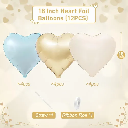Vista 2 de Globos de corazón azul, dorado y blanco, 18 pulgadas, globos de papel de aluminio azul bebé y crema, 12 piezas, globos de helio en forma de corazón