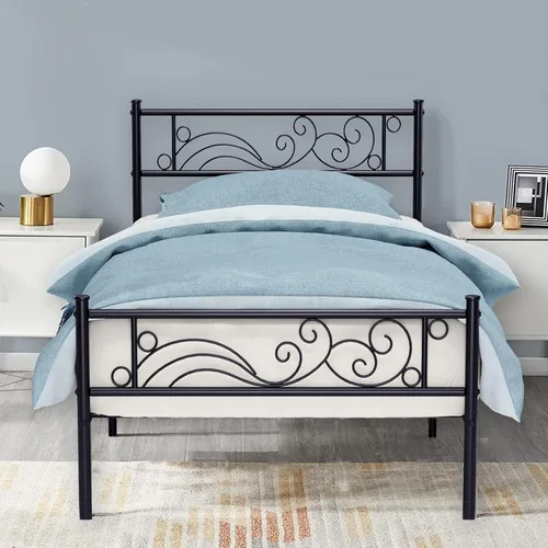 Vista 11 de Base de cama de metal con cabecero y estribo, no necesita somier, plataforma completa, color negro