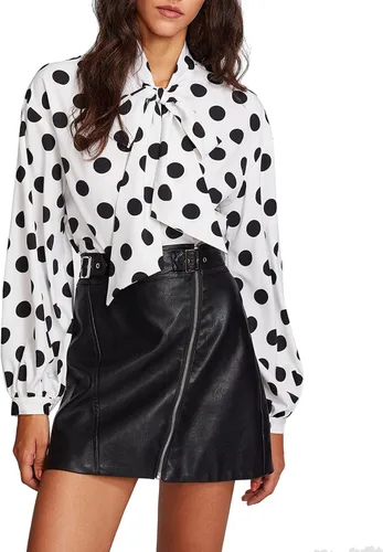 Vista 3 de Floerns - Blusa a lunares para mujer, de manga larga estilo linterna, cuello estilo corbatín