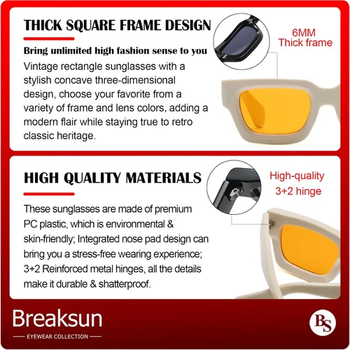 Vista 6 de Breaksun Gafas de sol rectangulares gruesas para mujeres y hombres, lentes de sol cuadrados gruesos de los años 90, lentes de sol de cara pequeña