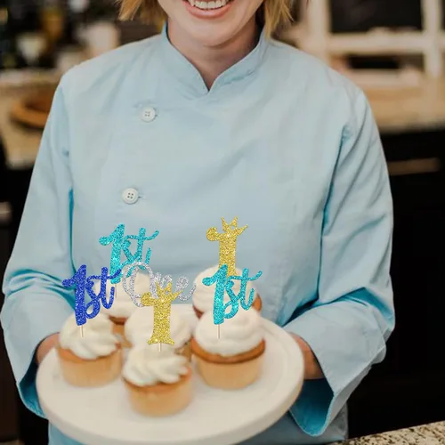 Vista 6 de Paquete de 24 adornos para cupcakes de un cumpleaños, con purpurina para el primer cumpleaños, coronas, decoraciones de pastel feliz para el primer