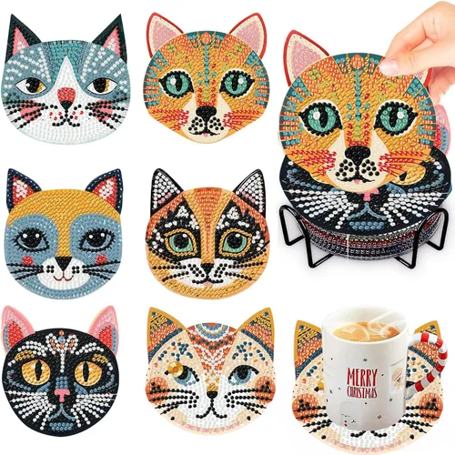 Vista 14 de Meothan Juego de 8 posavasos de arte de diamante para adultos con soporte, almohadillas de corcho, posavasos de arte de puntos de diamante de vidrio