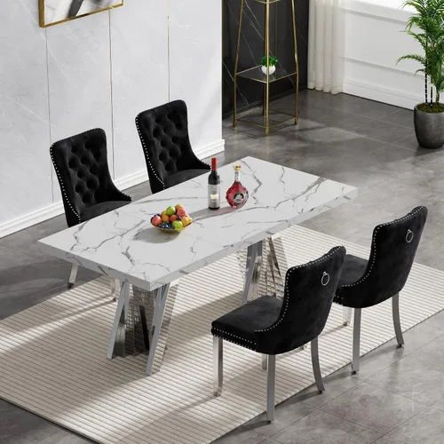 Vista 40 de Juego de 5 mesas de comedor, juego de mesa de cocina y comedor para 4, mesa de comedor rectangular de mármol sintético negro de 70 pulgadas con base