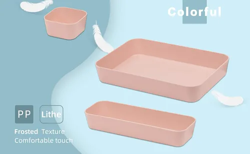 Vista 8 de Backerysupply Juego de 12 organizadores de cajones de escritorio de plástico de color rosa para maquillaje, baño, oficina, cocina, cajón, caja