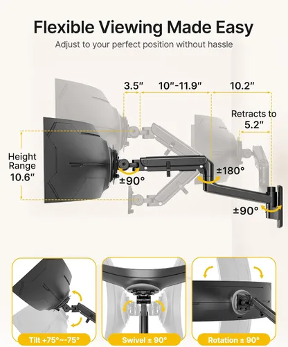 Vista 4 de monTEK Soporte de pared para monitor para pantallas ultraanchas de 17-57" hasta 59.4 libras, brazo de monitor individual de resorte de gas