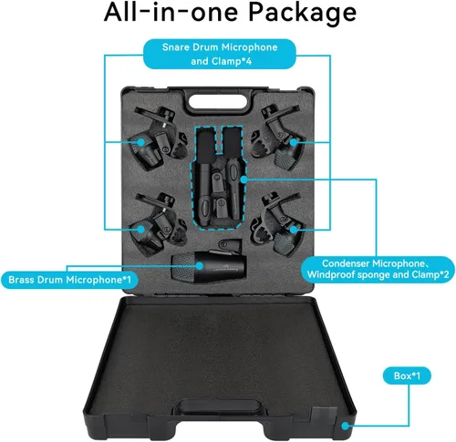 Vista 5 de happymusic M7 - Kit de micrófono de batería con cable, 7 piezas de metal dinámico de micrófono y platillos de bajo dinámico, uso para batería vocal
