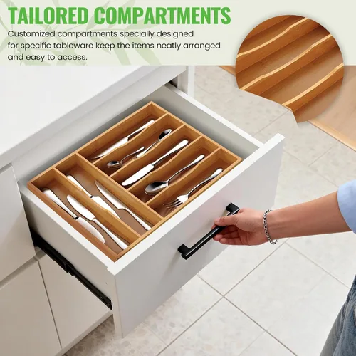 Vista 7 de Organizador de cubiertos, soporte para utensilios de cajón de cocina (bambú, grande)