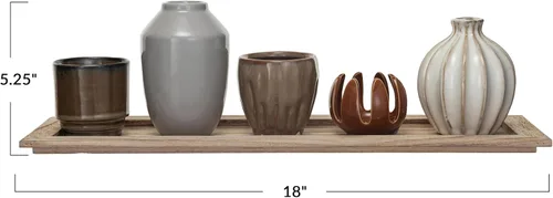 Vista 2 de Creative Co-Op 5 candelabros votivos de gres en bandeja de madera con esmalte reactivo, multicolor