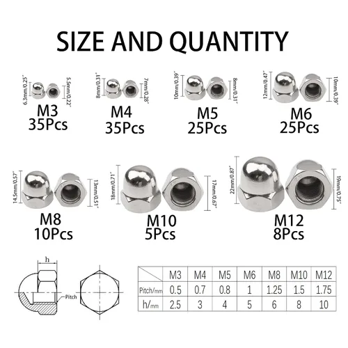 Vista 2 de Kit surtido de tuercas hexagonales de acero inoxidable 304, cabeza de cúpula de bellota, M3 M4 M5 M6 M8 M10 M12
