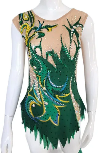 Vista 2 de LIUHUO Leotardo de gimnasia rítmica con estampado verde de diamante completo para niñas, sin mangas, rendimiento de competición