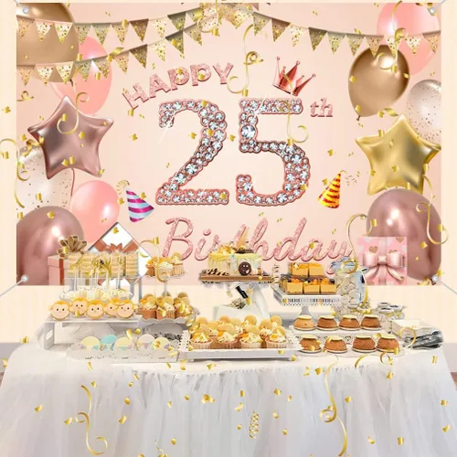 Vista 3 de Cartel de tela con texto en inglés "Happy 25th Birthday" para mujer jovencita/mujer de 25 años, cartel de tela para fiesta de cumpleaños de 25 años