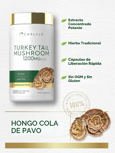 Vista 4 de Carlyle Cápsulas de hongos de cola de pavo 1200 mg 200 unidades Extracto sin OMG y sin gluten