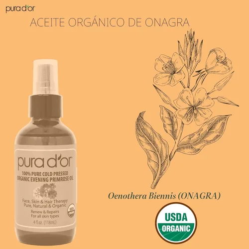 Vista 4 de PURA D'OR Aceite de onagra orgánico (4oz) 100% puro prensado en frío con ácidos grasos esenciales naturales y rico en antioxidantes - Hidrata