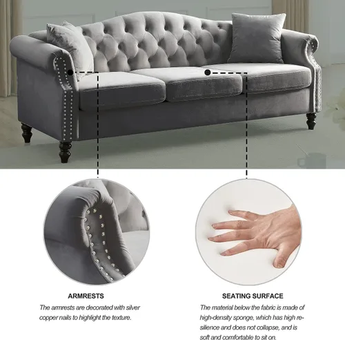 Vista 3 de Sofá Chesterfield de terciopelo gris de 79 pulgadas para sala de estar, 2 piezas, sofá de 3 plazas, con botones copetudos, respaldo curvado, brazos