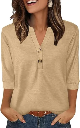 Vista 17 de OFEEFAN - Camisetas de manga 3/4 estilo Henley para mujer, blusas de moda de otoño 2025, atuendos escolares para maestras Raya