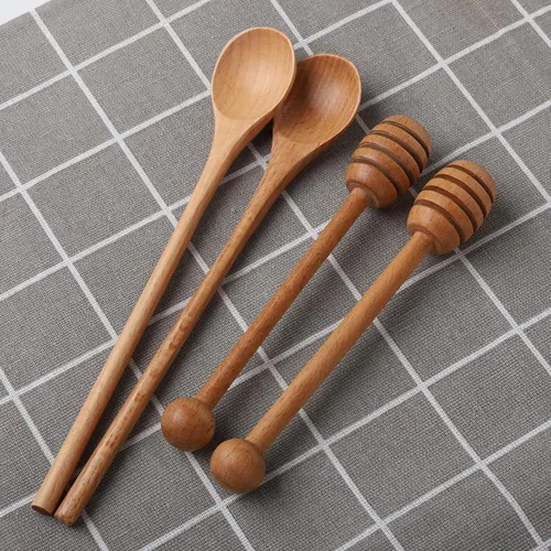 Vista 2 de 2 palitos de miel de 6 pulgadas, 2 cucharas agitadoras de café de mango largo de 7.87 pulgadas, cucharas agitadoras de madera de haya, cucharas