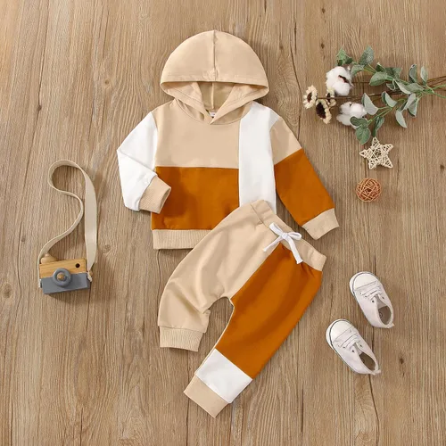 Vista 3 de Ursobutegl Ropa para bebé niño pequeño, sudadera con capucha y bloques de color, 2 piezas, sudadera para otoño e invierno (bloque caqui, 2-3 años)
