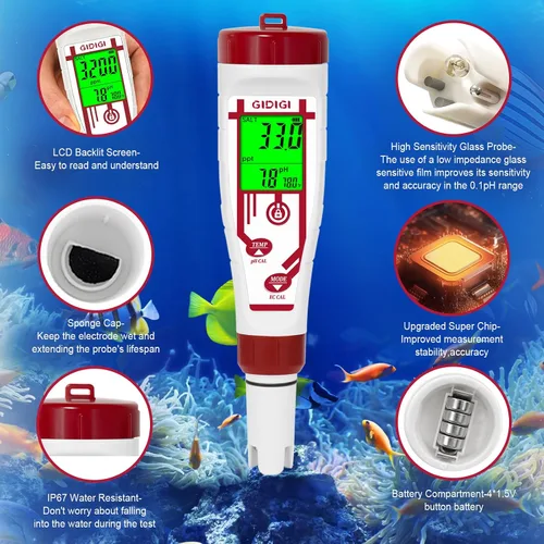 Vista 6 de Medidor de pH de salinidad para acuario, probador digital de sal de piscina, pantalla simultáneamente 5 en 1 PPM pH EC lector probador de calidad