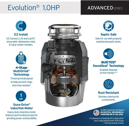Vista 2 de InSinkErator EVOLUTION 1 HP 1 CV, Serie Avanzada de Triturador de Residuos Alimenticios con Alimentación Continua, Gris