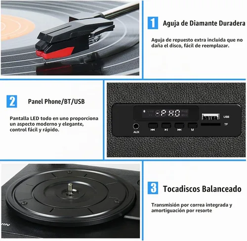 Vista 6 de Tocadiscos de discos de vinilo con altavoces estéreo integrados, tocadiscos vintage de 3 velocidades para discos de vinilo, grabación USB SD