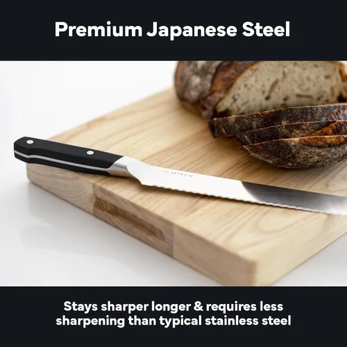 Vista 4 de Misen Cuchillo de Pan Dentado - Acero Japonés AUS8 de Alto Carbono - Perfecto para Alimentos Suaves, Pan, Pasteles y Frutas - Rebanador Versátil