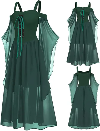 Vista 2 de Vestido gótico renacentista para mujer, talla grande, con cordones, hombros descubiertos, camisola steampunk, manga mariposa, vestidos de Halloween