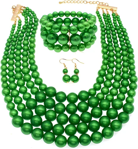 Vista 7 de JNF Collares grandes de perlas de imitación para mujer, collar de perlas de múltiples hebras, pulsera y aretes, collar de perlas para disfraz Negro