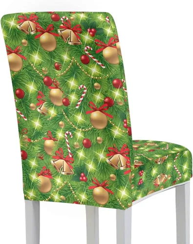 Vista 4 de Rnyleeg Fundas navideñas para sillas de comedor, fundas de asiento de comedor con estampado de campanas brillantes, juego de 1 funda suave y lavable