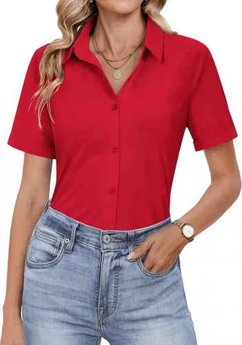 Vista 8 de HOTOUCH Camisas con botones para mujer, camisas de vestir de manga corta, blusas casuales de negocios, blusa de trabajo de oficina