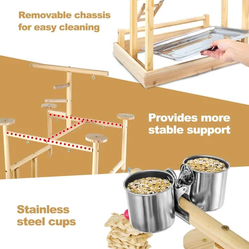 Vista 2 de LIMIO Parque de Juegos para Pájaros - Soporte de Juego de Madera Natural para Loros con Perchas, Gimnasio de Juego para Pájaros y Accesorios