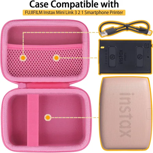 Vista 2 de co2CREA - Carcasa rígida para impresora Fujifilm Instax Mini Link 3, 2 y 1, color rosa Almacenamiento portátil, espacio para cable de carga
