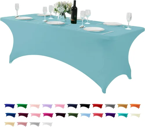 Vista 135 de Mantel de elastano para mesa de 6, 4 o 8 pies, universal, ajustable, para fiestas, banquetes, bodas y eventos, color verde manzana