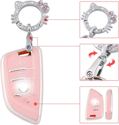 Vista 4 de Funda para llavero rosa Pangpai para BMW, carcasa de TPU suave con llavero brillante, compatible con BMW X1 X2 X3 X5 X6 X7 y Serie 1 2 3 4 5 6 7 8