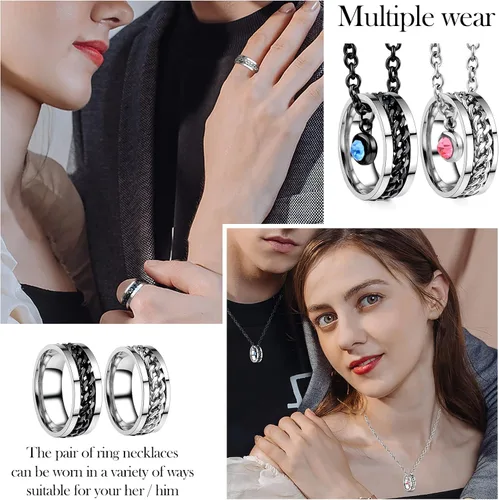 Vista 4 de MJartoria collares a juego para parejas, para él y ella, dijes de anillo grabados, con diamantes de imitación, regalo para novio y novia