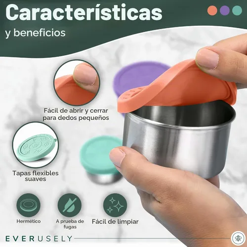 Vista 6 de Everusely Vasos para condimentos – Paquete de 3, 1.7 oz / 1.7 fl oz, brillantes, de acero inoxidable – Recipientes de condimentos con tapas