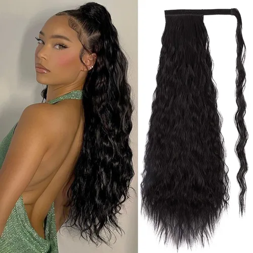 Vista 18 de Extensión de cola de caballo larga con ondas de maíz, pasta mágica, resistente al calor, ondulada, sintética, envolvente, extensión de cola