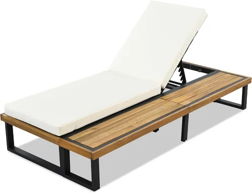 Vista 7 de Tumbona reclinable para patio al aire libre con respaldo ajustable de 5 posiciones y mesa auxiliar de madera, silla lounge para todo tipo de clima