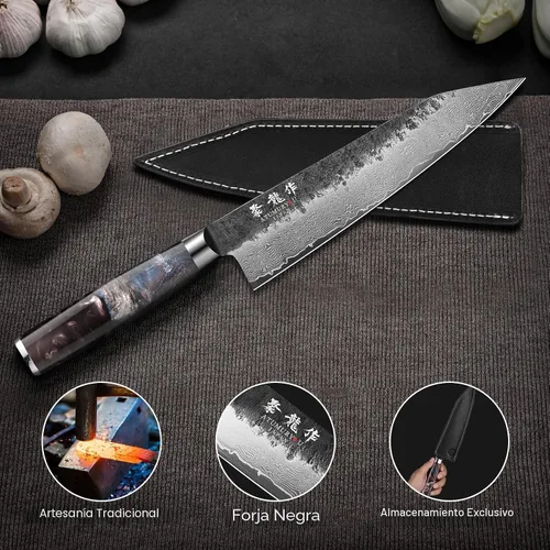 Vista 5 de Cuchillo de chef japonés Kiritsuke de 8.27 pulgadas con núcleo VG10, cuchillo profesional de Damasco forjado a mano de 67 capas con mango