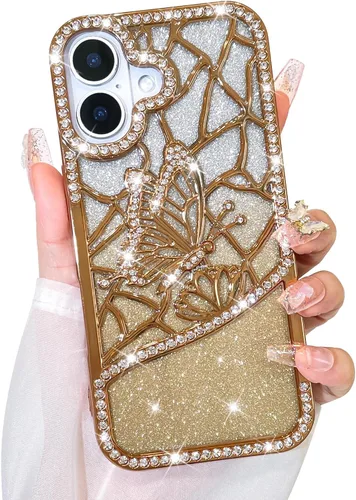 Vista 54 de Bonoma Funda con purpurina para iPhone 13 Pro Max, bonita funda 3D con patrón de chapado en degradado de mariposa de diamante, protección de cámara