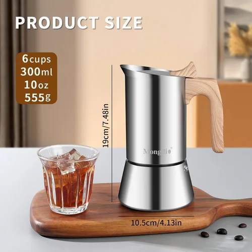 Vista 5 de Mongdio Olla Moka de acero inoxidable, cafetera espresso para estufa, cafetera percoladora, cafetera italiana espresso greca para camping, viajes