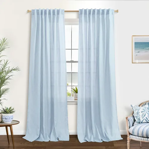 Vista 114 de Cortinas rústicas color beige tostado de 42 x 84 pulgadas de largo para sala de estar, juego de 2 paneles transparentes de lino natural, imitación