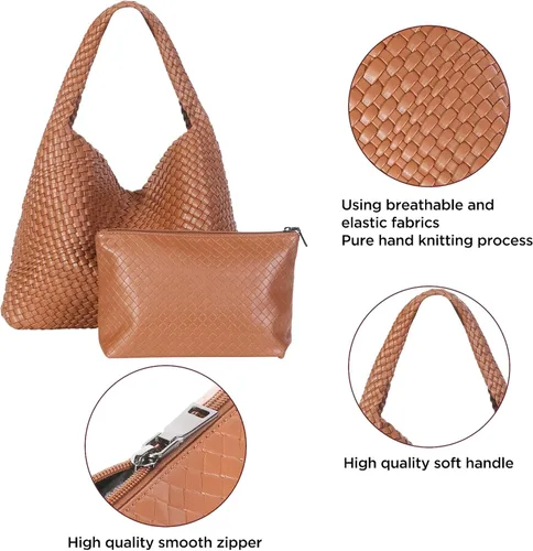 Vista 4 de DFJXXX Bolso tejido para mujer, bolso de mano tejido a la moda, suave cuero vegano, bolso de mano retro tejido a mano con bolsa de embrague
