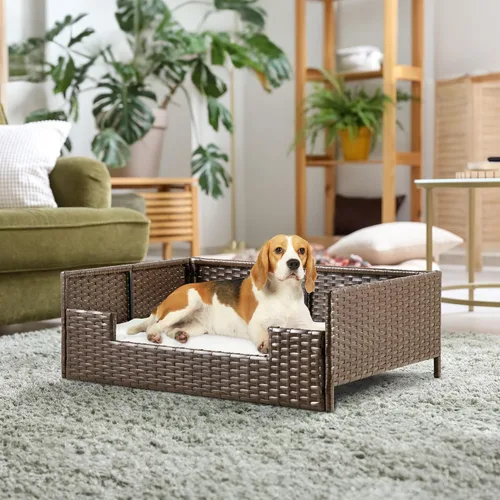 Vista 2 de YITAHOME Sofá cama de ratán para perro con cojín, cama de mimbre para mascotas, sofá para interiores y exteriores, agua no afectada para perros