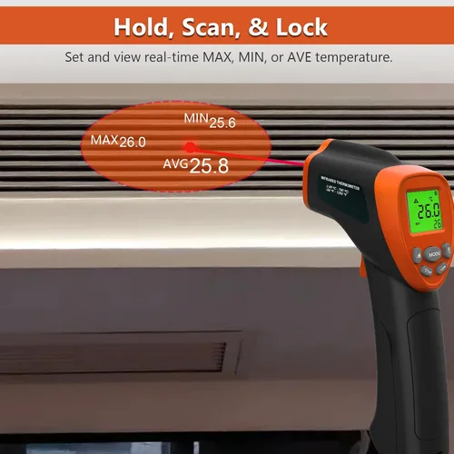 Vista 8 de Pistola de termómetro infrarrojo, pistola de temperatura térmica láser DS=16:1 para cocinar, horno de pizza, motor HVAC, pistola de temperatura