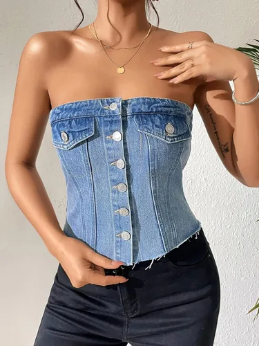 Vista 4 de WDIRARA Blusa corta sin mangas con botones y dobladillo sin tirantes para mujer