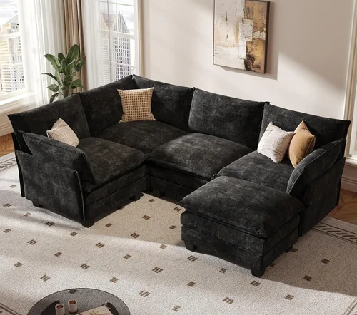 Vista 9 de KKL Sofá Cama Seccional Modular Grande de 91.3", Sofá Cama Convertible en Forma de J/L de 6 Plazas Sofá Nube con Otomana, Sofás Seccionales de Negro