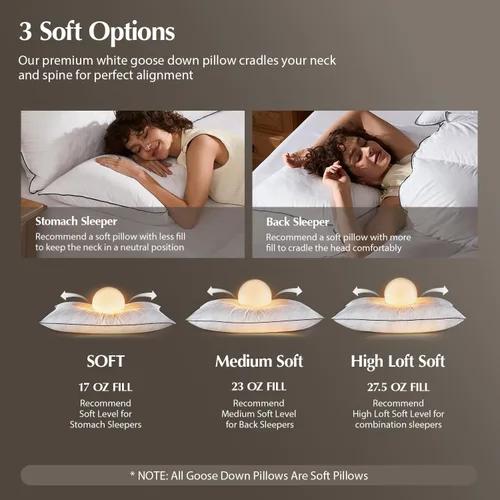 Vista 4 de Pacific Coast Almohada de cama de lujo, colección de hotel, almohada de plumón de ganso blanco para dormir, 650 de potencia de relleno, 450 hilos